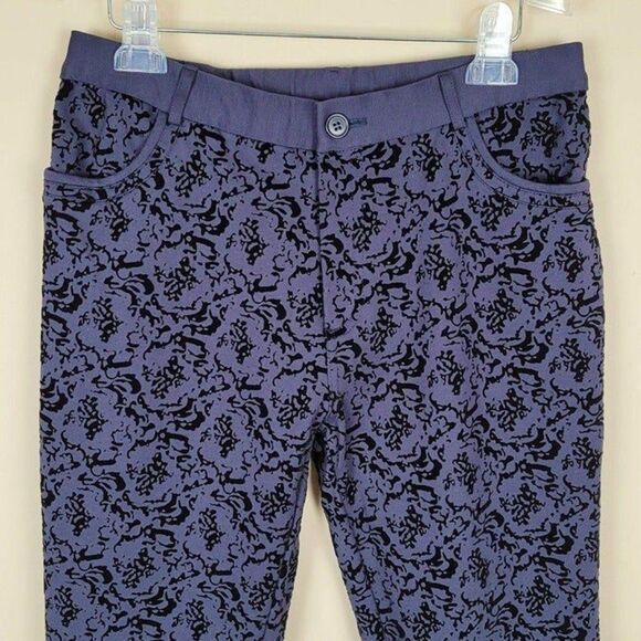 Soft Surroundings Size M Baroque Ponte Stretch Navy Blue Velvet Detailed Pants - Picture 4 of 12